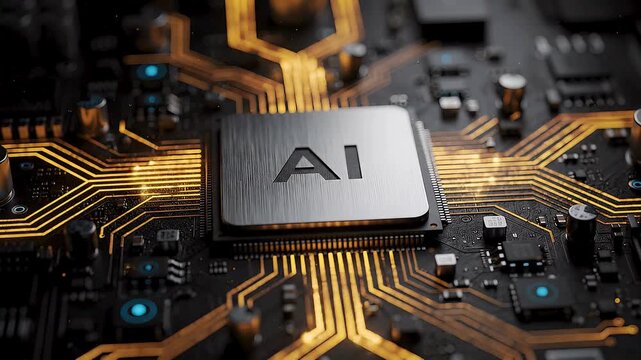 Futuristic ai processor animation with glowing microchip on advanced circuit board, artificial intelligence technology, digital computing hardware and machine learning innovation future