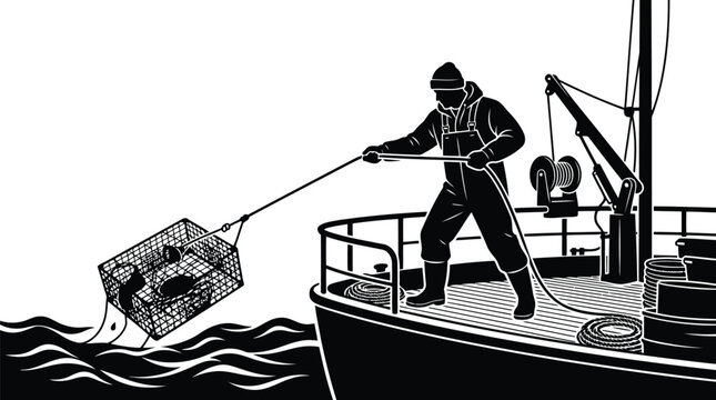Fisherman pulling crab trap from sea onto fishing boat vector art