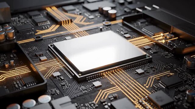 Futuristic computer processor animation with glowing microchip on advanced circuit board, semiconductor technology, digital computing hardware and next generation electronics innovation