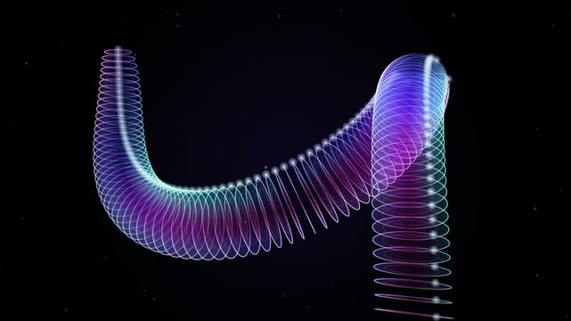 Abstract rainbow spiral light trail, glowing neon helix motion on black background, futuristic colorful energy wave animation