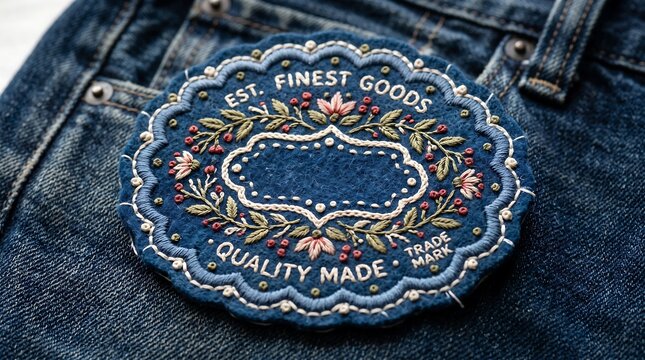 Close up of embroidered patch on denim jeans with floral design and vintage aesthetic