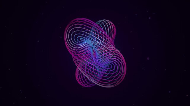 Abstract neon geometric wireframe, rotating 3D torus knot animation, glowing pink and blue line art on dark background