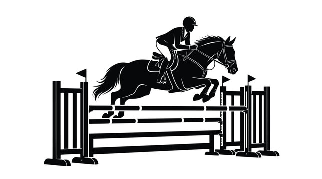 Equestrian rider jumping horse over fence obstacle vector graphic
