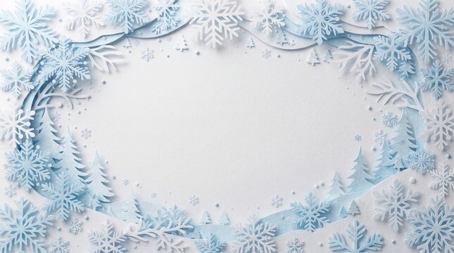 3D paper cut style snowflake and pine tree pattern background