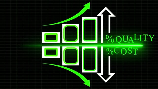 Abstract technology icon with four glowing green squares and arrows moving in a digital grid pattern on a dark background representing data flow and system processes for modern software interface