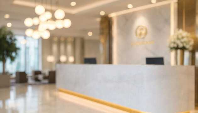 Blurred interior view of a modern luxury hotel lobby reception area with marble counter and elegant lighting