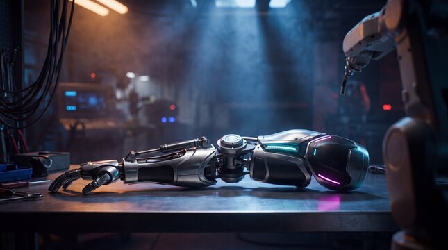 industrial robotics design, a cybernetic exoskeleton rests on a metallic workbench illuminated by dramatic blue lighting