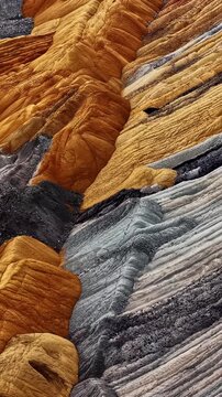 Drone aerial portrait of the Tagebau Hambach open-pit lignite coal mine with layered sedimentary terrain and rocky formations in North Rhine-Westphalia town in Germany Europe industry and production