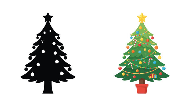 Christmas tree silhouette alongside a decorated evergreen vector illustration