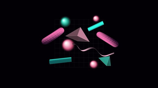 Retro 3D geometric shapes in pink and teal, floating vaporwave aesthetic elements, abstract 80s style motion graphics on black background