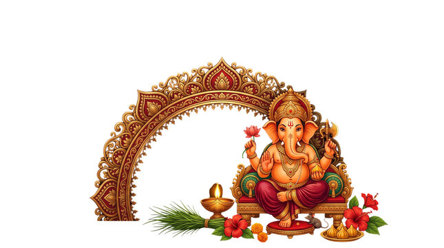 Lord ganesha sitting on throne with arch isolated on transparent background