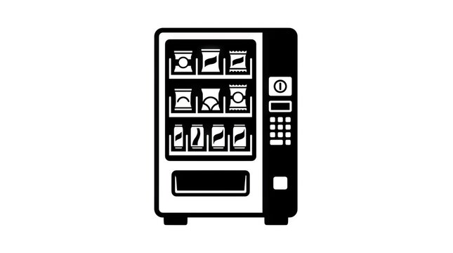 Black and white vending machine icon with snacks and drinks