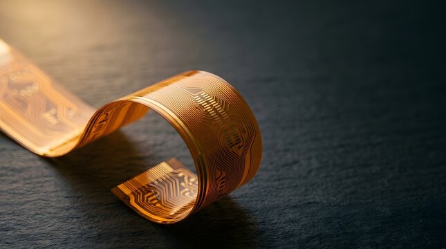 Curved Copper Flexible Circuit Ribbon On Dark Surface