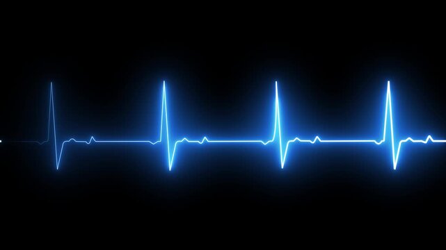 Bright blue neon heart beat pulse line glowing on a dark black background representing medical technology health monitoring and life signs for hospital and emergency cardiology patient care concept