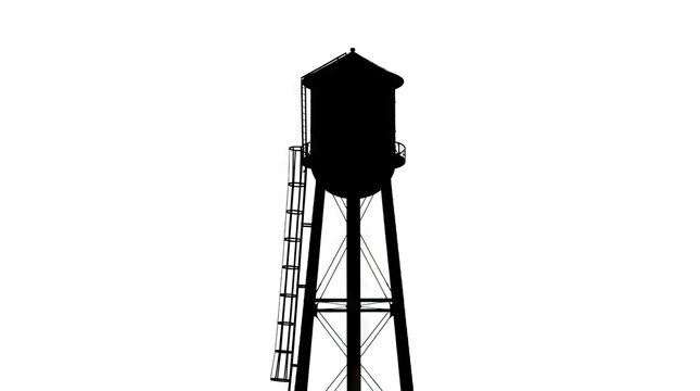 Industrial water tower silhouette against white background.