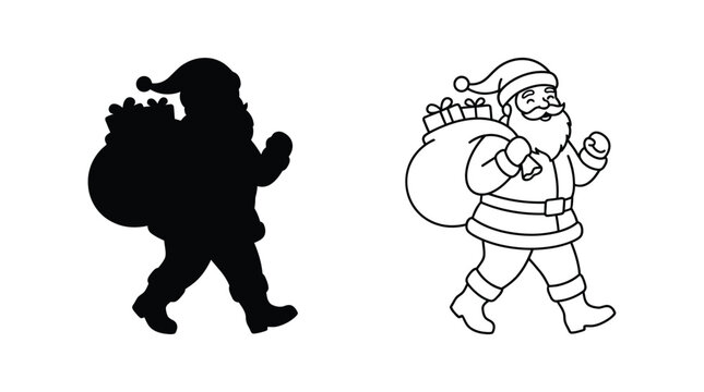 Santa claus with gift bag shown as a black silhouette