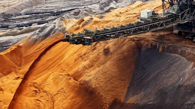 Massive Bucket-wheel Excavator Operating In The Large Open-pit At Tagebau Hambach Surface Mine In Germany. Aerial Shot