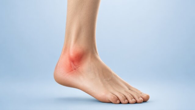 Ankle sprain shown in premium minimal medical CGI with localized lateral ankle pain and swelling emphasized beneath the skin on a clean pale blue clinical background.