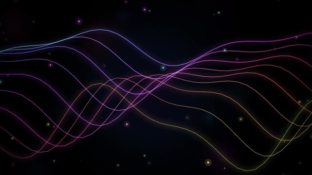 Abstract neon wave lines on black background. Colorful glowing frequency curves with particles. Digital sound visualization for music and technology.