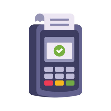 Flat vector illustration of a modern electronic payment terminal with receipt and green approval checkmark, representing successful card payment and point-of-sale transactions.