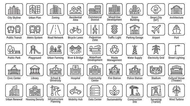 Set of urban infrastructure and city building line icons for map design and navigation.