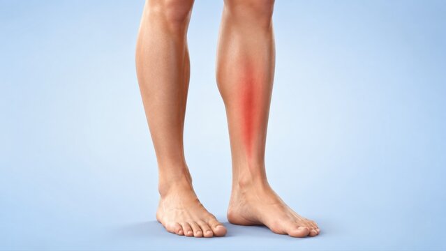 Shin splints shown in premium minimal medical CGI with localized medial lower leg pain and restrained tissue emphasis along the shin on a clean pale blue clinical background.