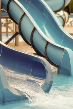 A pair of water slides surrounded by pool water, great for summer fun and recreation. vertical frame