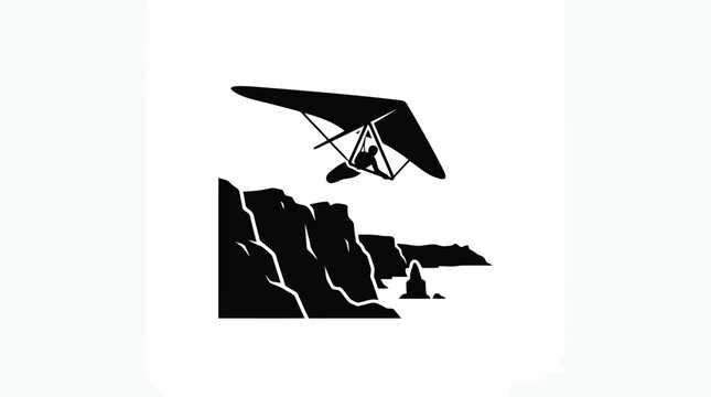 Hang gliding flight over rocky cliffs vector silhouette for adventure sports