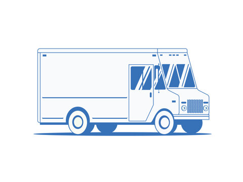 Clean blue line-art vector illustration of a commercial delivery truck viewed from the side, representing freight transportation, shipping, logistics and distribution services.