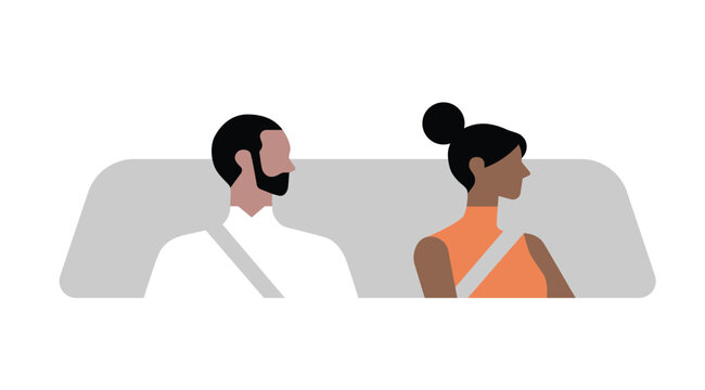 Minimal flat vector illustration of a man and woman seated inside a car wearing safety belts, representing responsible driving, passenger protection and road safety.