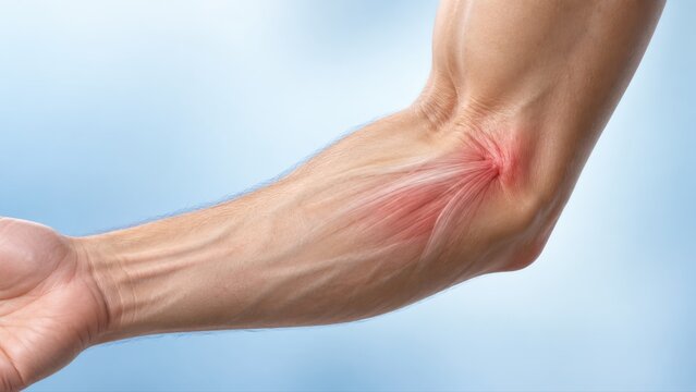 Golfers elbow shown in premium minimal medical CGI with localized inner elbow pain subtle tendon emphasis into forearm on clean soft pale blue medical background.