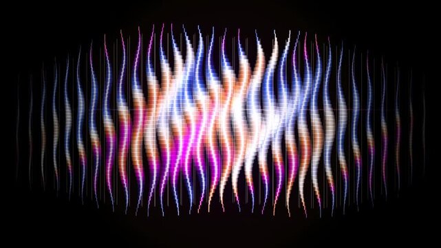 Abstract digital wave background, glowing neon light frequency lines, futuristic purple and blue audio equalizer visualization