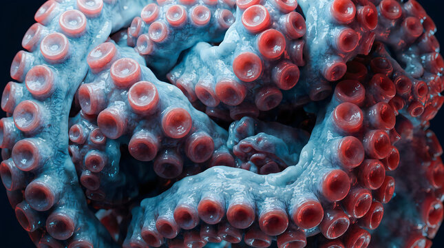 Close up macro shot of blue octopus tentacles with pink suction cups on dark black background