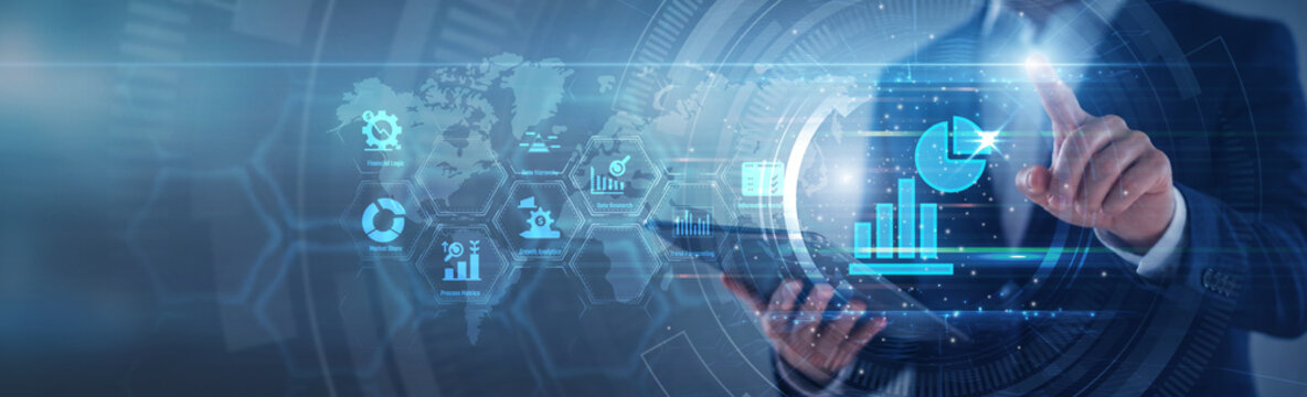 Data scientist pointing statistical analysis dashboard. Analyst using tab analyzing quantitative research metrics and probability distribution graph on hologram screen. Analytics and statistics.