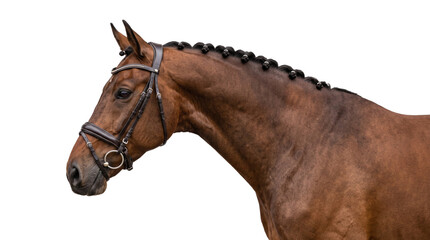 Brown horse head with braided mane and professional equestrian bridle used for sport or show portrait. © Png ProTeam