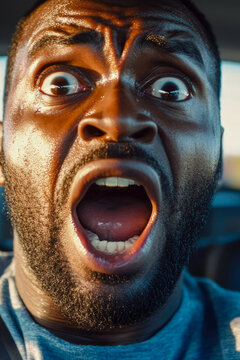 A person sitting in a vehicle with their mouth agape, perhaps reacting to something unexpected. vertical frame
