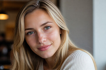 Fototapeta premium A young blonde woman is looking directly at the camera in a softly lit indoor setting.