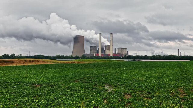 RWE Kraftwerk Neurath Power Plant Rises Beyond the Agricultural Fields in Neurath, Germany - Wide Shot