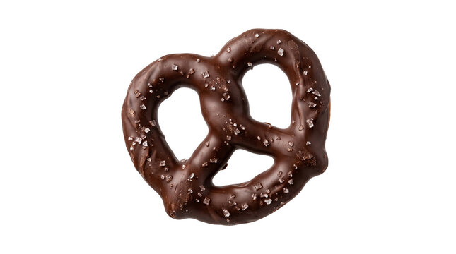 Dark chocolate covered pretzel with sea salt crystals as crunchy snack isolated on transparent background.