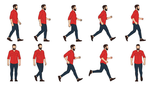 Animation walk and run cycle of a casual bearded man in red shirt, showing sequential motion frames.