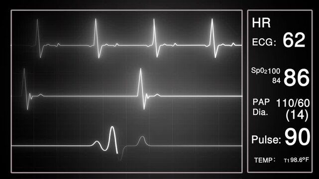 Medical heart rate monitor screen showing an ekg electrocardiogram wave pulse rhythm and vital sign numbers in a hospital room setting with dark black display for clinical patient health analysis