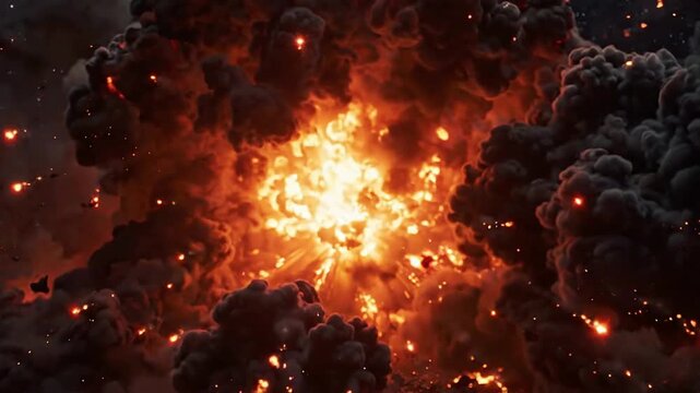 Massive fireball explosion with intense smoke and flying debris, cinematic action effect for vfx and action sequences