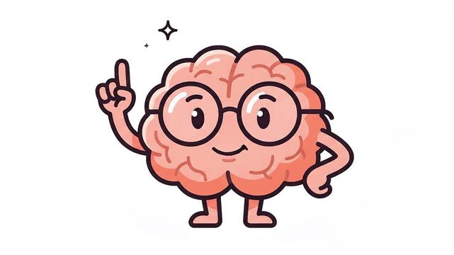 Cute Cartoon Brain Character Wearing Glasses Pointing Finger with Great Idea Concept