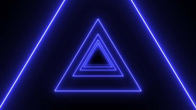 Neon blue glowing triangle tunnel abstract background, infinite geometric motion loop, futuristic cyberpunk digital corridor for vj loops and science fiction visual effects.