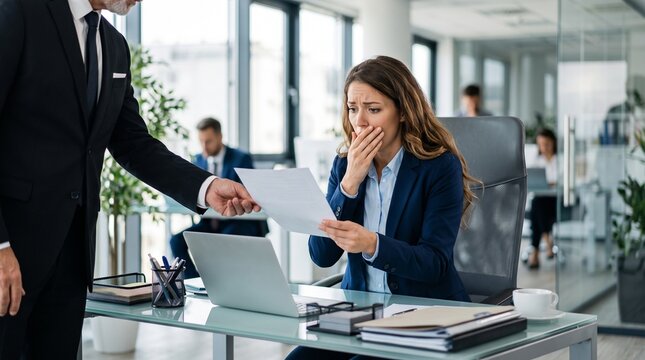 Commercial corporate stock photo of a shocked businesswoman sitting at her office desk covering her mouth as an executive hands her a dismissal letter or unexpected document.