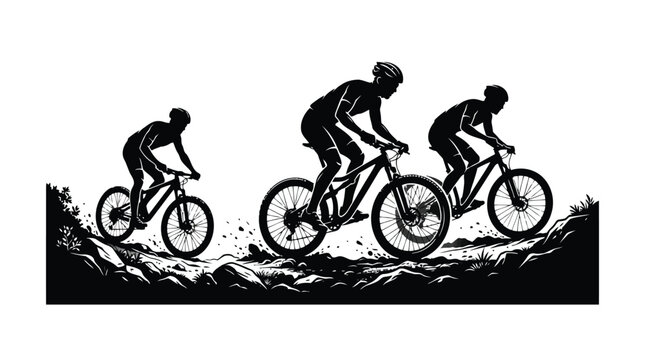 Group of mountain bikers riding downhill on rough trail vector