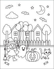 Naklejka premium Halloween Coloring Page with a Witch, Ghost, Cat, and House Featuring Halloween
