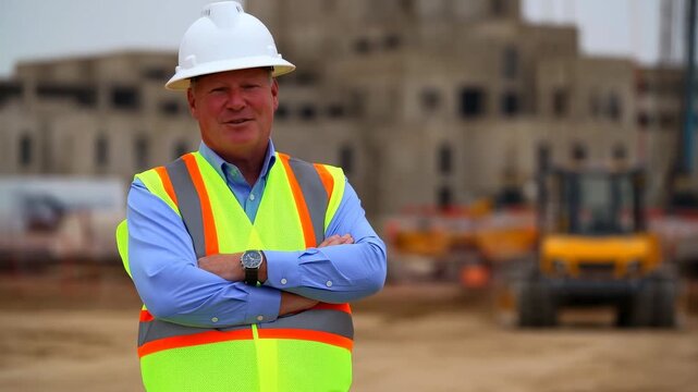 Man wearing white hard hat and high visibility safety vest stands with arms crossed and smiles toward camera at active construction site with unfinished building behind him