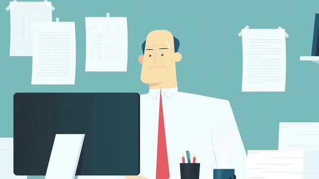 Stressed office worker looking at computer screen feeling overwhelmed by heavy workload in this flat vector animation style video clip