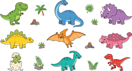 Cute Cartoon Dinosaur Characters Set with Prehistoric Wild Animals Plants Volcanoes and Dino Egg Hatchling Vector Illustration for Kids Designs © MstShalma